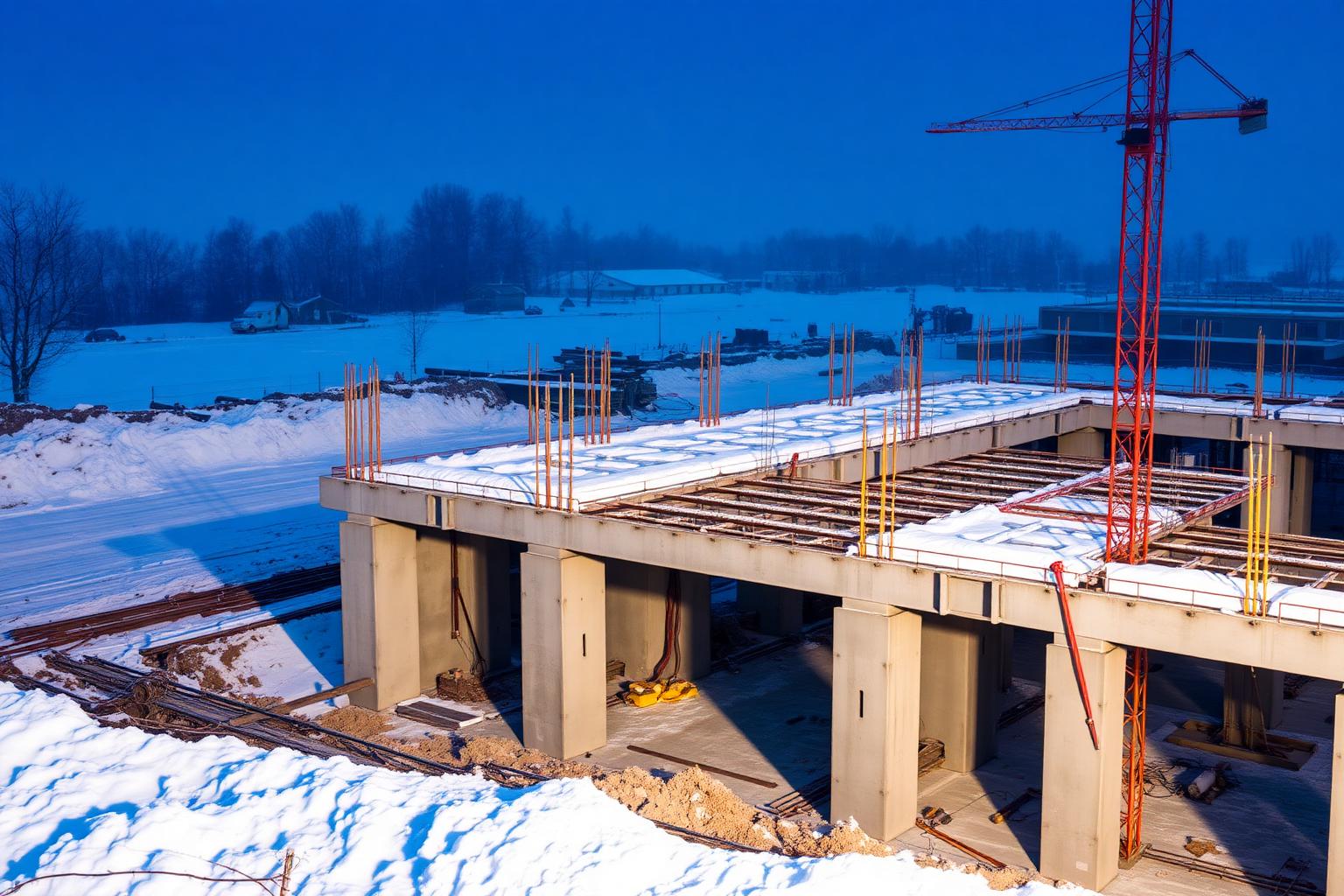 Betonbaustelle im Winter mit Schnee und Frost auf frischem Beton